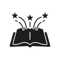 Open Book With Stars Solid Icon. Imagination, Creativity, And Knowledge Explosion Silhouette Symbol. Educational Inspiration And Fantasy. Isolated Illustration vector