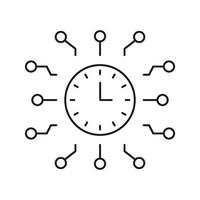 Clock With Circuit Connections Line Icon. Time Management, Digital Synchronization, And Network Integration Outline Symbol. Technology And Efficiency. Editable Stroke. Isolated Illustration vector