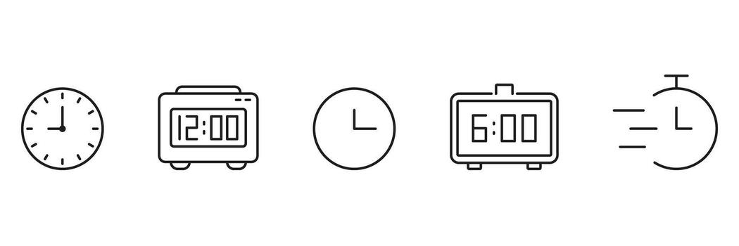 Clock And Timer Line Icon Set. Time Management, Alarm, And Stopwatch Outline Symbol Collection. Analog And Digital Clocks, Speedy Timer. Editable Stroke. Isolated Illustration vector