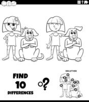 differences puzzle game with cute cartoon girl and her dog coloring page vector