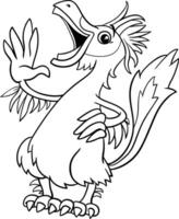 funny cartoon Caudipteryx dinosaur character laughing coloring page vector
