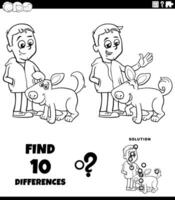 differences puzzle game with cute cartoon boy and his dog coloring page vector