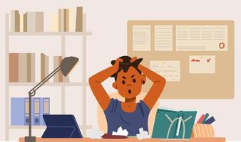 African American angry primary school boy studying at home having problems with homework sitting at desk in his room flat illustration. vector