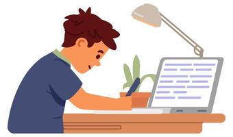 Primary school boy studying at home making homework sitting at desk with open laptop and writing flat illustration isolated on white. vector