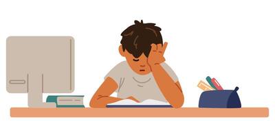 Tired Asian primary school boy studying at home making homework sitting at desk reading textbook flat illustration isolated on white. vector