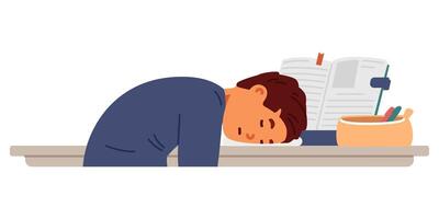 Primary school boy fell asleep at during studying and making homework at home flat illustration isolated on white. vector