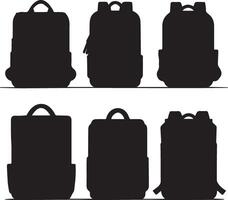 Six Stylish Backpack Silhouettes in a Row A Moody, Monochromatic Collection of Bags for School, Travel, and Everyday Use vector