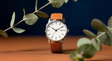 a watch sitting on a brown leather strap with leaves photo