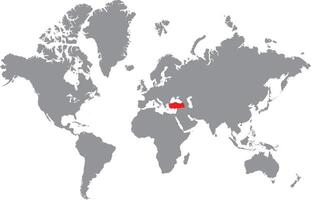 Turkey highlighted on world map illustration in flat minimal grey and red design vector