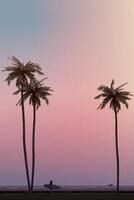 Sunset with palm trees and surfer vector