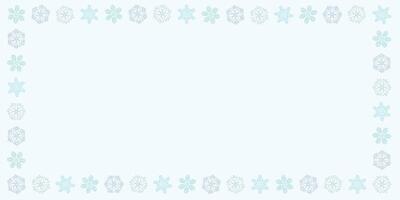 Blank rectangle frame consists of various pastel snowflakes childish hand drawn style on light blue background graphic illustration. vector