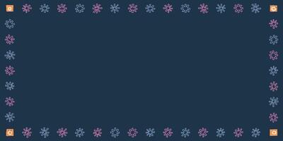 Blank rectangle frame consists of various pastel asterisk shapes childish hand drawn style on navy blue background graphic illustration. vector