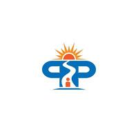 Letter PP, Pathway, Sun and a Person logo or icon design vector