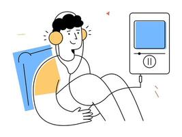 A person sits comfortably with headphones, enjoying relaxing audiobook listening through digital device, symbolizing modern leisure and entertainment technology vector