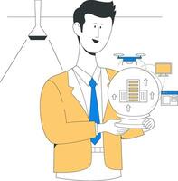 A man in suit holds a glowing sphere representing retail future vision, containing icons of data storage, drones, and digital interfaces, emphasizing innovation vector