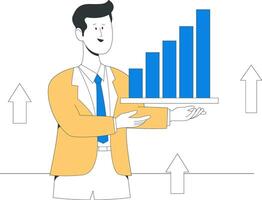 A business professional presents corporate growth through increasing blue bar graphs, with upward arrows in the background emphasizing progress and achievement vector