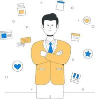 A confident businessman with strong brand identity and professional aura stands with arms crossed, surrounded by business icons, symbolizing successful brand management vector