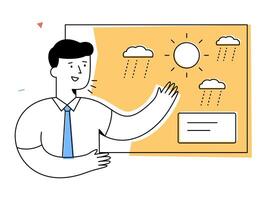 A cheerful weather forecaster in suit and tie stands presenting meteorology forecast with positive expression, showing sun, cloud, and rain symbols on weather map vector