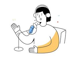 A person with headphones speaks into microphone in modern podcast studio, recording audio content and expressing creativity through digital communication technology vector