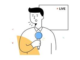A male news anchor speaks into microphone during live broadcast, representing professional journalism, media communication, and breaking news reporting in television studio vector