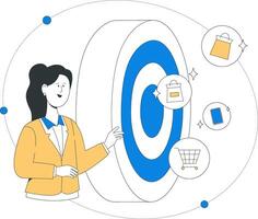 A woman in yellow jacket interacts with an innovative service portal, surrounded by e-commerce icons representing digital marketing and online shopping vector