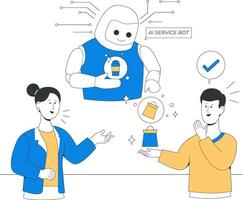 A futuristic AI service bot creates automation magic by assisting two delighted people with a gift box, symbolizing innovative customer service technology vector