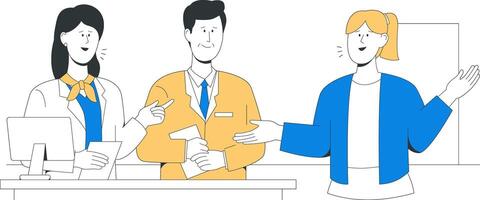 Three professionals interact at a global market reception desk, managing document flow with one holding papers, another using a scanner, and the third gesturing openly vector