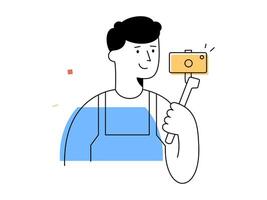 A happy male vlogger holds camera on selfie stick recording content, representing modern social media content creation and digital technology engagement vector