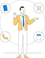 A businessperson in suit surrounded by commerce icons including phone, shopping cart, and bag, representing communication, shopping, and technology integration vector