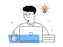 A male author with glasses writes on laptop in modern digital workspace, surrounded by notebooks and pens, symbolizing creativity, learning, and educational inspiration vector