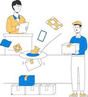 Supply chain harmony shows two individuals managing inventory and handling packages, featuring various items in a streamlined logistics process vector