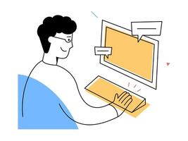 A smiling man works at computer keyboard in modern digital workspace, representing online communication, creative publishing, and technology interaction in minimal style vector