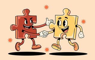 smiling cartoon puzzle pieces shaking hands, symbolizing teamwork, partnership, and successful collaboration. vector