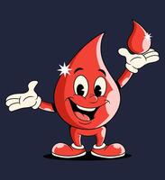 anthropomorphic red blood drop character, drawn in a classic retro cartoon style. vector