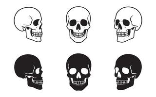Set of human skull illustrations in outline and silhouette, front and side views, isolated on white background, graphic illustration. Concept of anatomy, tattoo, gothic, halloween design elements vector