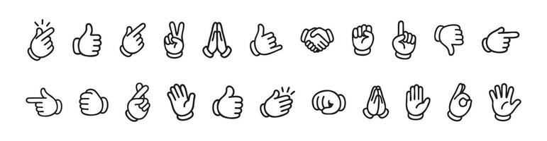 Set of various hand gesture icons in black outline, graphic illustration. concept of communication, expressive signs, symbols, language, design elements, isolated on white background vector