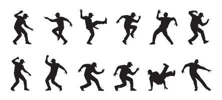 Black silhouettes of dancing men in energetic poses, isolated on white background, graphic illustration. concept of dance, movement, fun, design element, icon, breakdance, hip hop vector