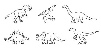 Set of Black outline illustrations of various dinosaur species including t-rex, pterodactyl, stegosaurus and other, isolated on white background. concepts of prehistoric animals, extinct creatures vector