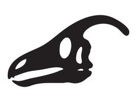 Black silhouette of Parasaurolophus skull with large crest and elongated jaw, isolated on white background, graphic illustration. Concept of herbivorous dinosaur skeleton, hadrosaur fossil vector