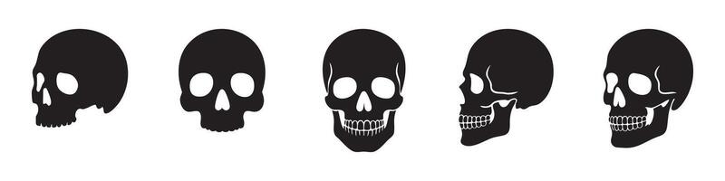 Set of human skull black silhouettes in various styles, front and side views, isolated on white background, graphic illustration. Concept of anatomy, gothic symbol, tattoo, halloween design elements vector