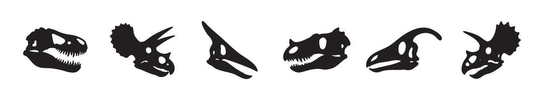 Set of dinosaur skull silhouettes in black color, isolated on white background, graphic illustration. Concept of prehistoric skeleton collection, ancient fossils, paleontology, design elements vector