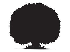 Black silhouette of a tree with dense foliage and grass at base on white background, graphic illustration. concept of nature, flora, garden, landscape, icon, design element vector