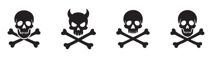 Set of black silhouette of human skull and crossbones in various styles isolated on white background, graphic illustration. concept of pirate symbol, danger icon, halloween decor, design element vector