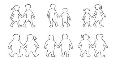 Set of outline of children walking in pairs, isolated on white background, graphic illustration. concept of childhood, friendship, boys, girls, social, playful interaction, icon, design element vector