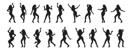 Set of Black silhouette of dancing woman in various poses, isolated on white background, graphic illustration. concept of dance, movement, choreography, icon, logo, design element. vector
