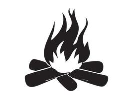 Black silhouette of campfire with logs isolated on white background, graphic illustration. concept of camping, outdoor bonfire, firewood, adventure, wilderness, design element. vector