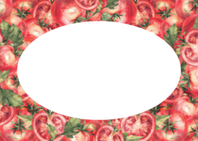 Tomatoes vegetables. Watercolor rectangular frame with oval text space Illustration isolated background Whole and half sliced red fruit with stalk and leaves. Realistic painted illustration food label png