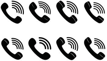 Eight black telephone handset icons with sound waves call calling vector