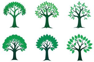 Six green trees with gradient leaves on white background nature leaf vector