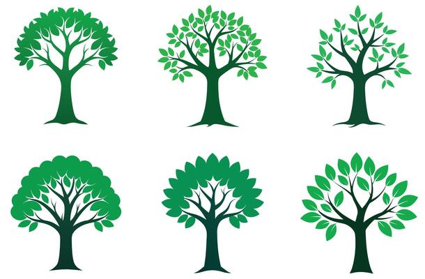 Six green trees with gradient leaves on white background nature leaf
